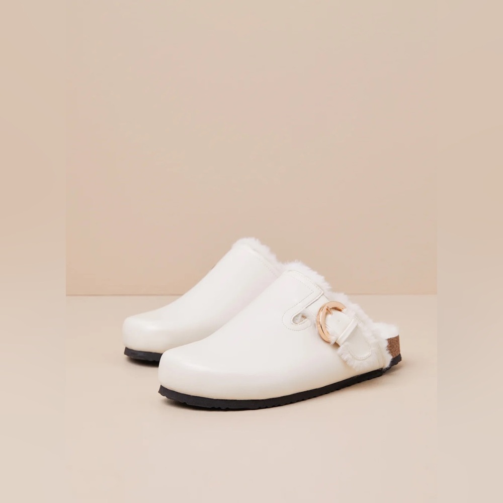 Lulus Carrina Bone Faux Fur Buckle Mule Slides White - Size 10 - Picture 4 of 11